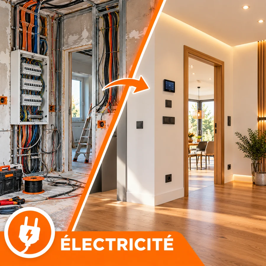 Avant et après une rénovation électrique : câblage puis prises et éclairages intégrés