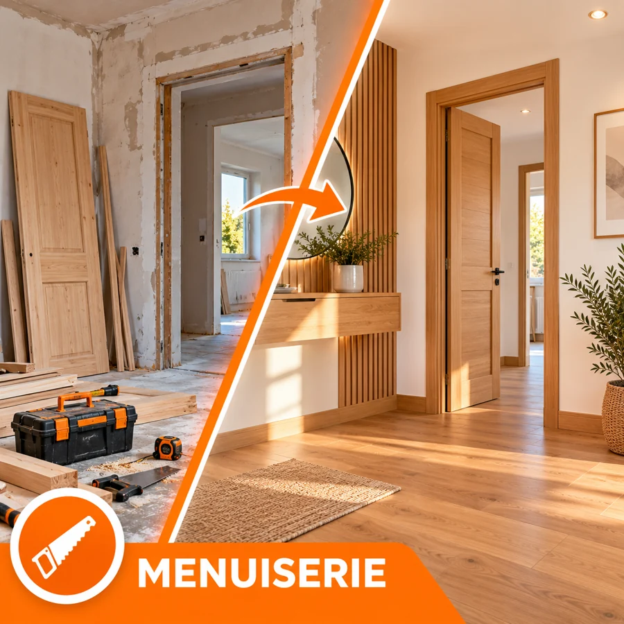 Avant et après des travaux de menuiserie : porte et encadrement en bois