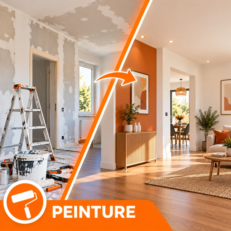 Avant et après des travaux de peinture : murs en préparation puis finitions blanches et orange