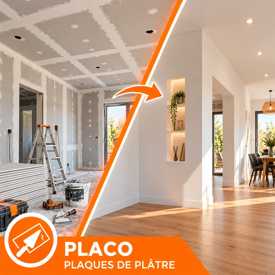 Avant et après des travaux de placo : plaques de plâtre puis cloisons et niches éclairées